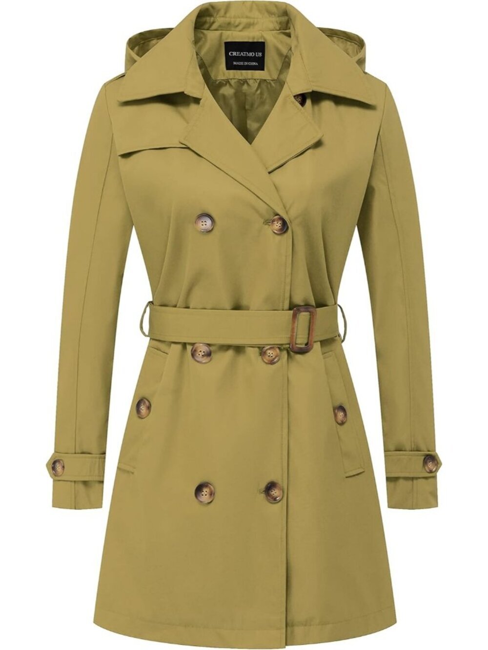 Women's Olive YellowPolyester Double Breasted Belted Detachable Hood Trench Coat